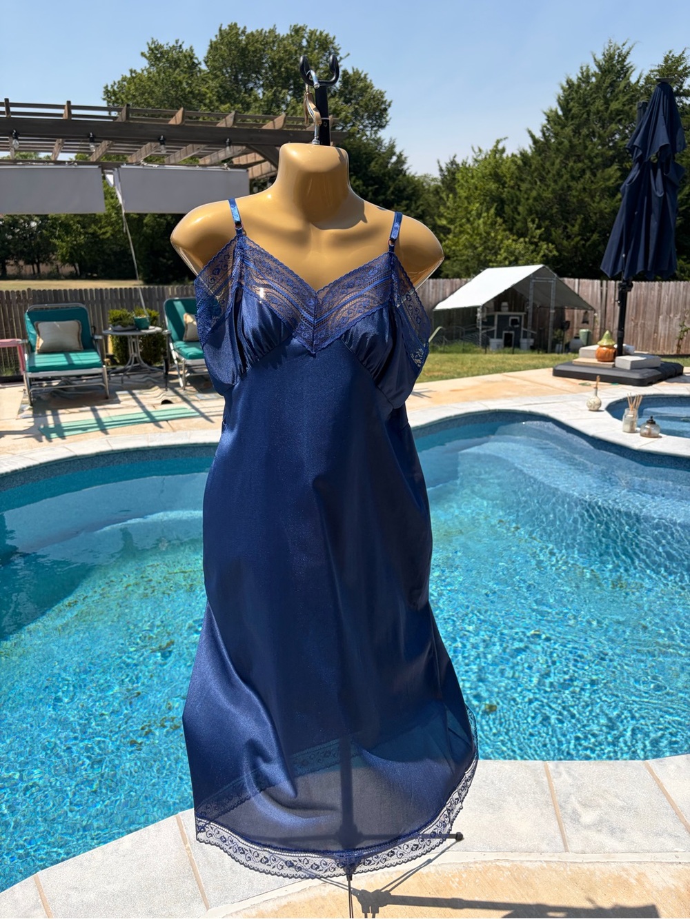 Sears Navy Lace-Trim Satin Slip Chemise